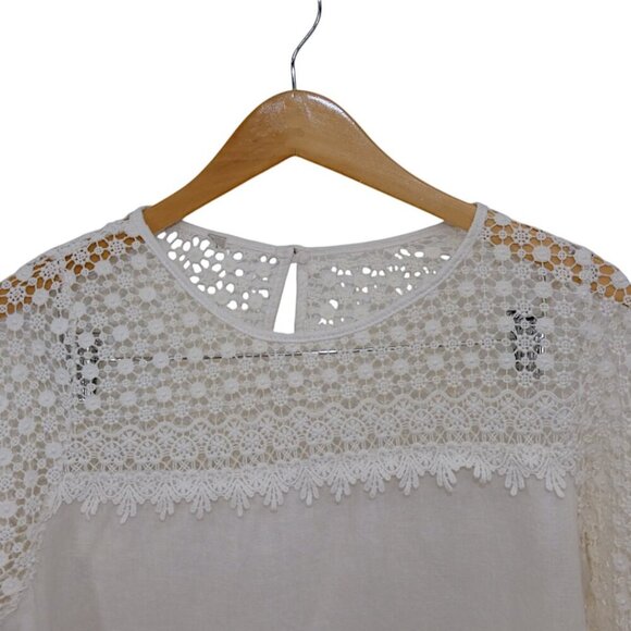 Vintage-Look Ivory White Crochet Lace Boho Top 100% Linen Women's Size Large - Picture 4 of 7